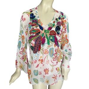 Midnight Velvet Sheer Colorful Floral Sequin Bead Blouse Women's Medium Camisole